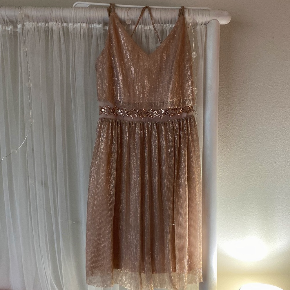 Junior size 1. It was worn twice by me and once by a friend. Very sparkly!